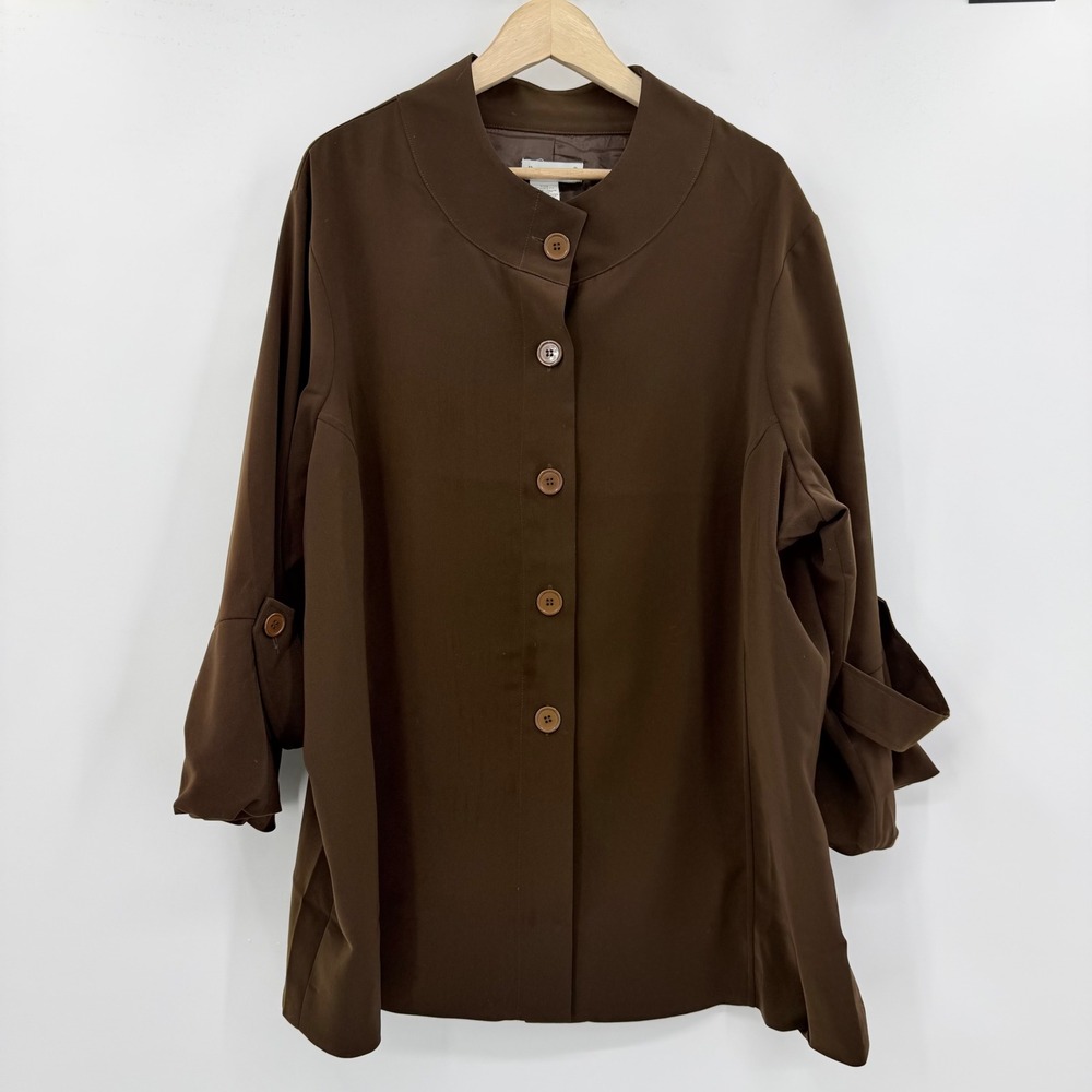 Ulla Popken Brown Button Front Relaxed Fit Jacket 3/4 Sleeve Mock Neck 94336